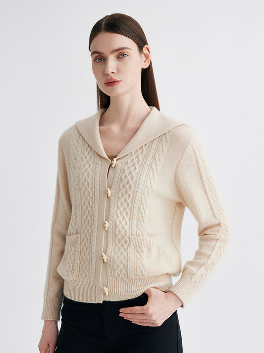 COMOBOCA 100% Cashmere Women's Sailor Collar Cable Knit Cardigan