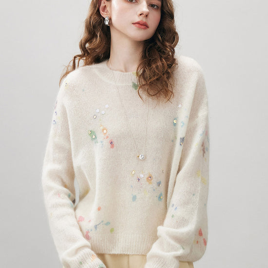 COMOBOCA Women's Sequined Floral Printed Round Neck Sweater