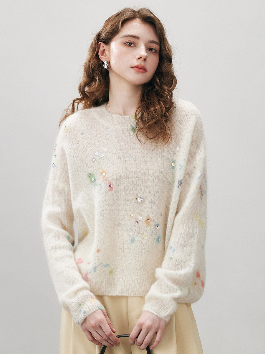 COMOBOCA Women's Sequined Floral Printed Round Neck Sweater