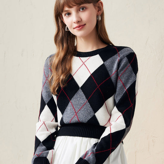 COMOBOCA Black 100% Wool Women's Argyle Pattern Knit Sweater