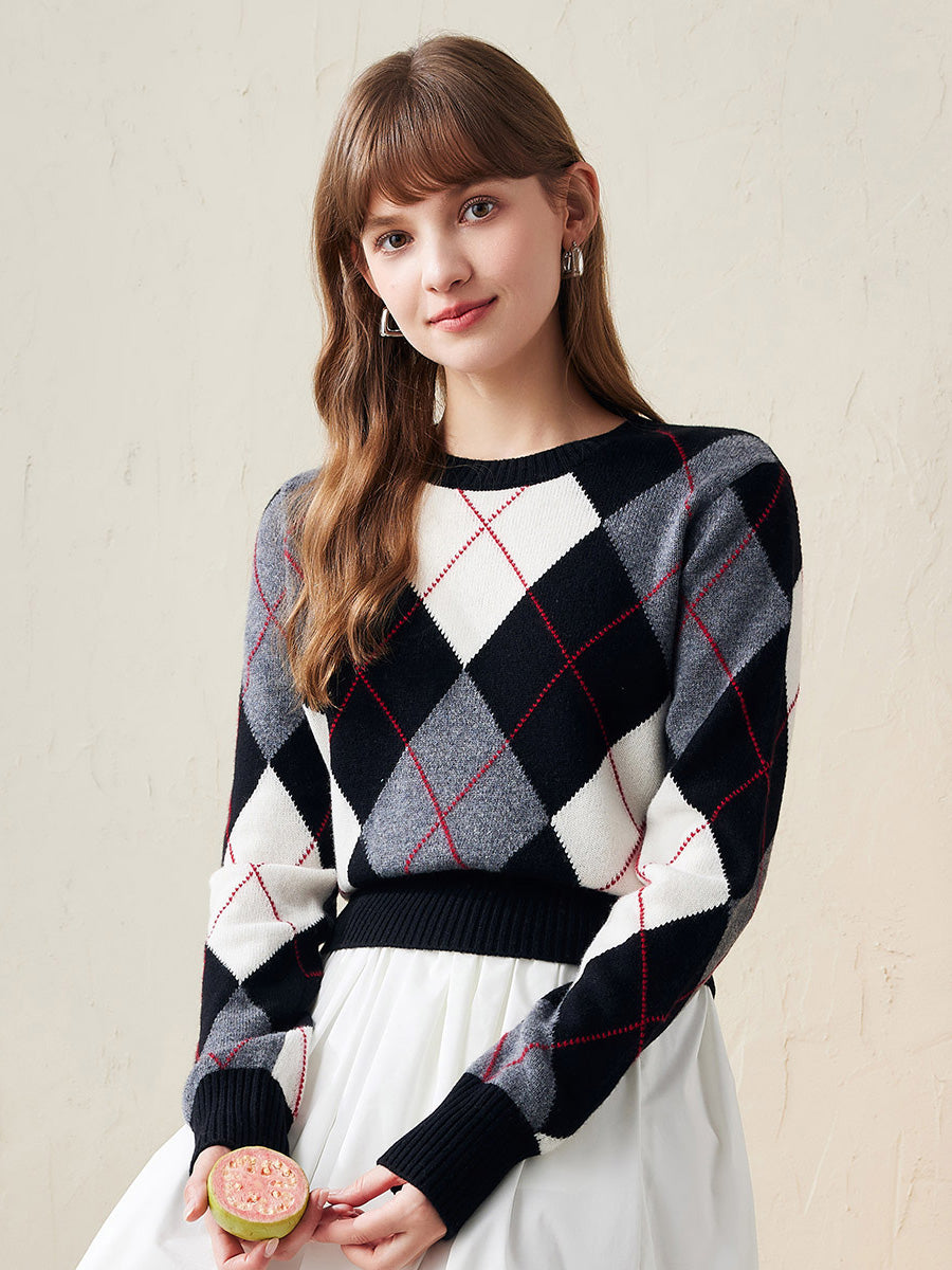 COMOBOCA Black 100% Wool Women's Argyle Pattern Knit Sweater