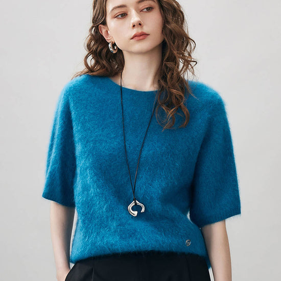 COMOBOCA Teal Women's Wool Seamless Brushed Half Sleeve Knit Sweater