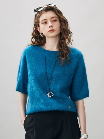 COMOBOCA Teal Women's Wool Seamless Brushed Half Sleeve Knit Sweater