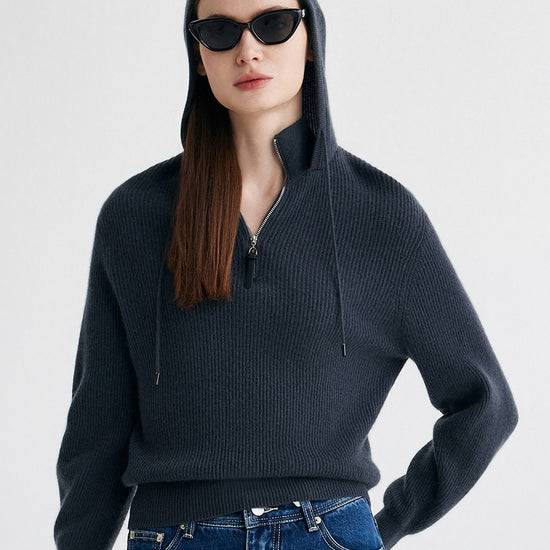 COMOBOCA 100% Cashmere Women's Ribbed Knit Hoodie