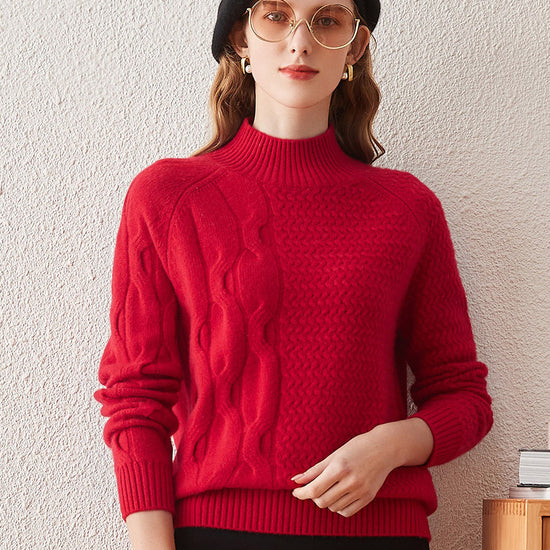 COMOBOCA RED 100% Cashmere Women's Mock Neck Knit Sweater