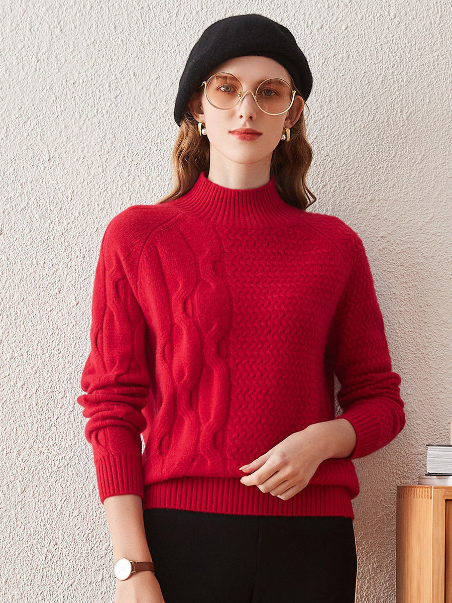 COMOBOCA RED 100% Cashmere Women's Mock Neck Knit Sweater
