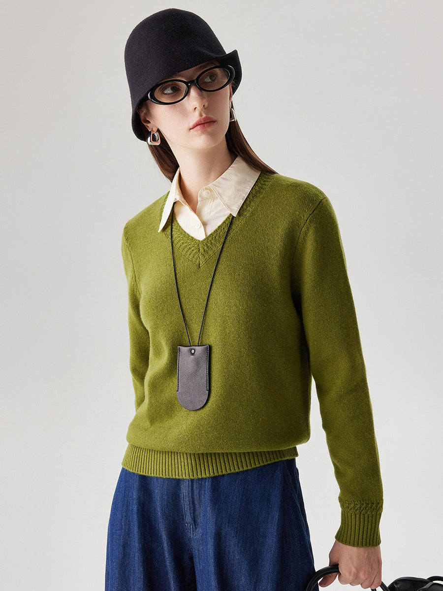 COMOBOCA 100% Wool Women's V-Neck Ribbed Knit Sweater