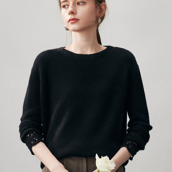 COMOBOCA Black 100% Cashmere Women's Ribbed Crochet Lace Cuffs Sweater