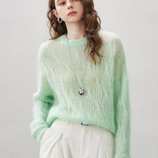 COMOBOCA Women's Mohair Cable Knit Round Neck Sweater