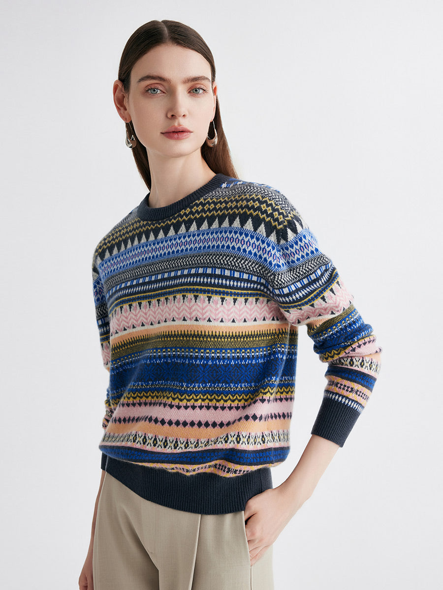 COMOBOCA 100% Cashmere Women's Fair Isle Round Neck Sweater