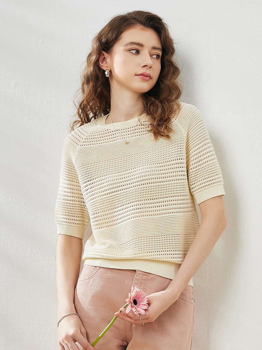 COMOBOCA Cream Women's Ribbed Perforated T-Shirt