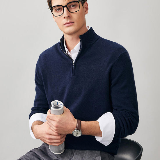 COMOBOCA 100% Cashmere Men's Half Zip Mock Neck Sweater