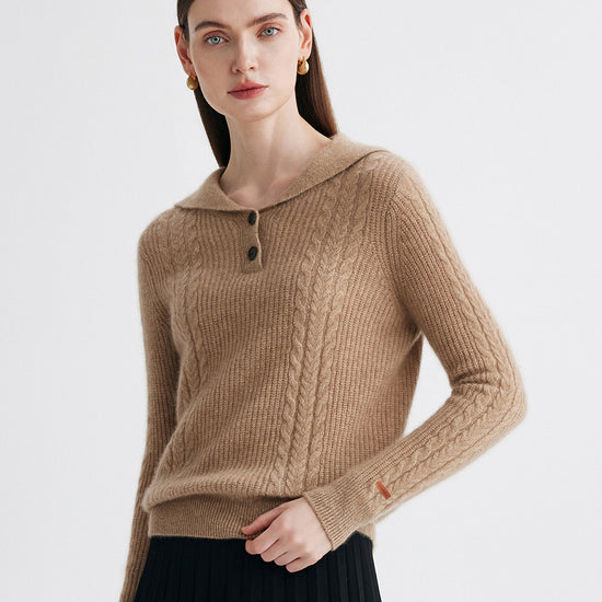 COMOBOCA 100% Cashmere Women's Cable Sailor Collar Sweater