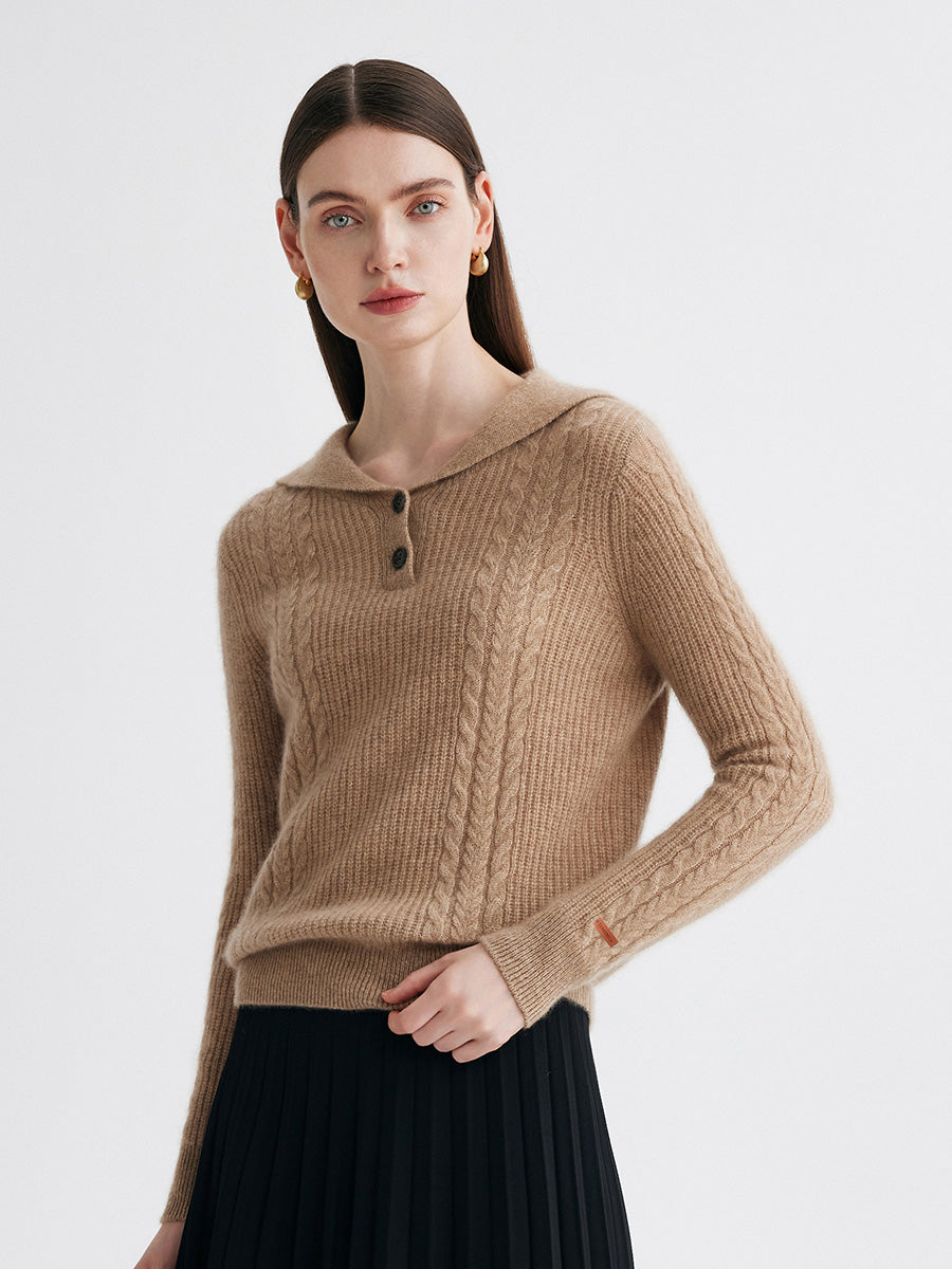 COMOBOCA 100% Cashmere Women's Cable Sailor Collar Sweater