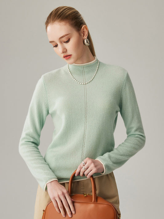 COMOBOCA Moonlight Green 100% Cashmere Women's Ribbed Contrast Trim Sweater