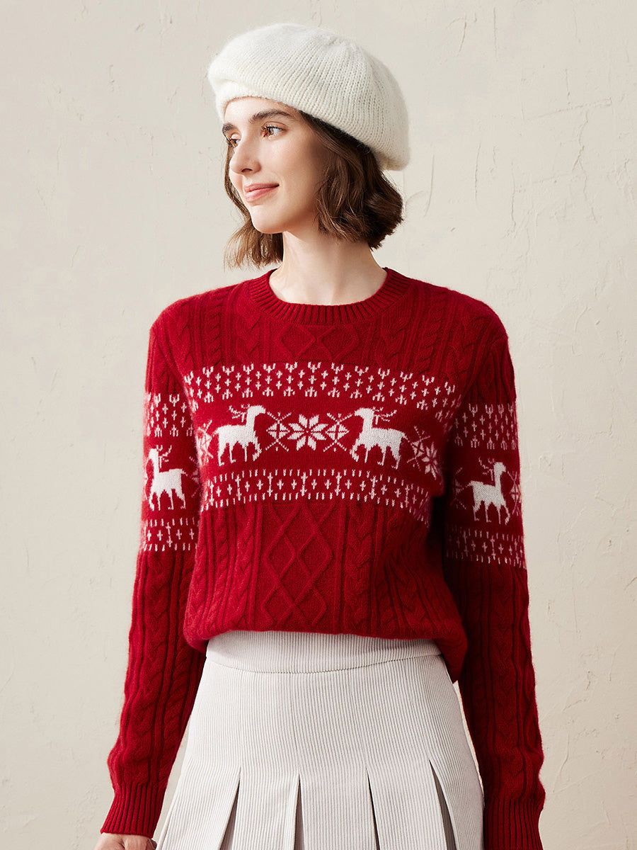 100% Cashmere Women's Cozy Reindeer Fair Isle Knit Sweater
