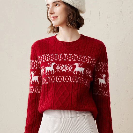 COMOBOCA Red 100% Cashmere Women's Cozy Reindeer Fair Isle Knit Sweater