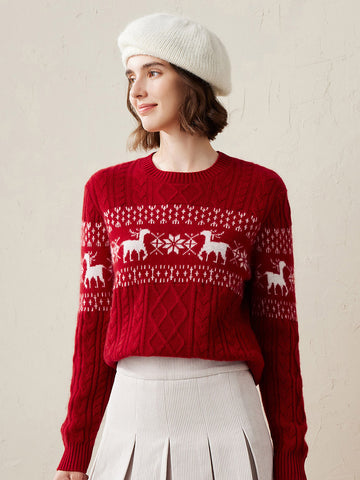 COMOBOCA Red 100% Cashmere Women's Cozy Reindeer Fair Isle Knit Sweater