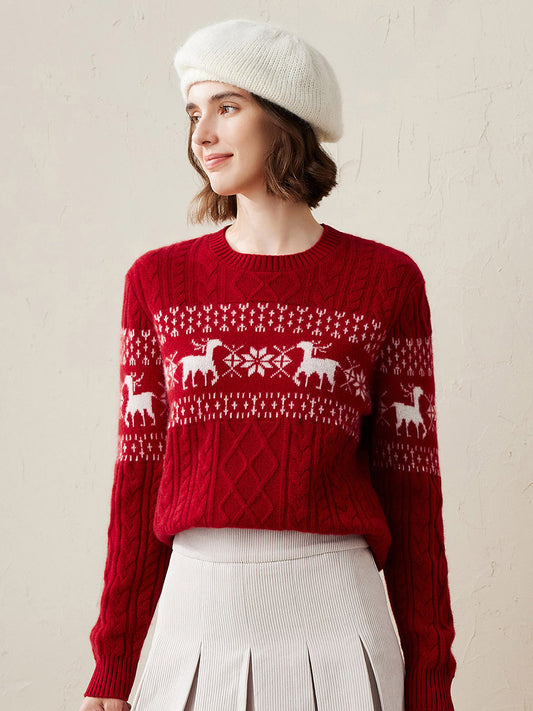 COMOBOCA Red 100% Cashmere Women's Cozy Reindeer Fair Isle Knit Sweater