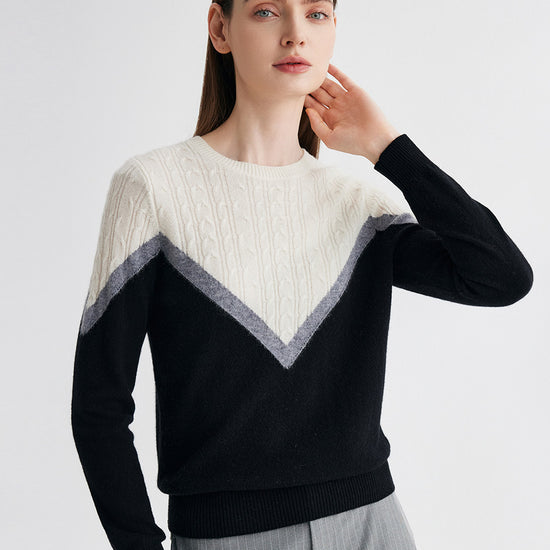 COMOBOCA 100% Cashmere Women's Color Block Cable Knit Sweater