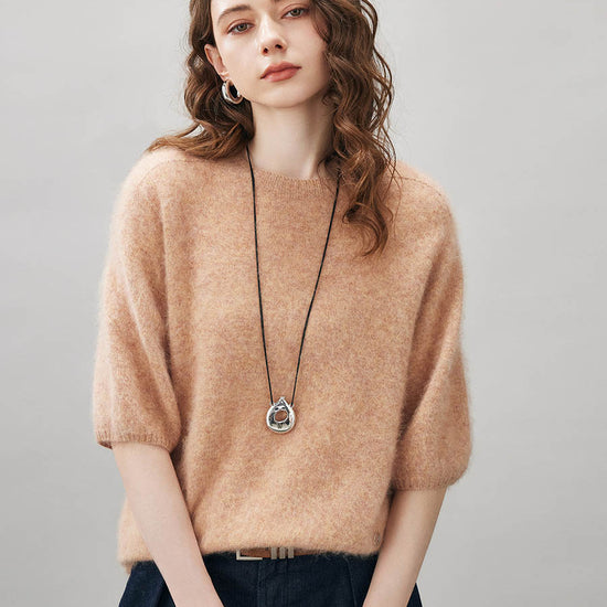 COMOBOCA Camel Women's Wool Seamless Brushed Half Sleeve Knit Sweater