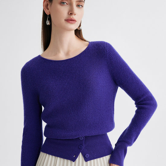 COMOBOCA Purple 100% Cashmere Women's Round Neck Button Ribbed Knit Sweater