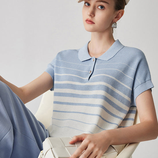 COMOBOCA Women's Striped Polo Knit T-Shirt