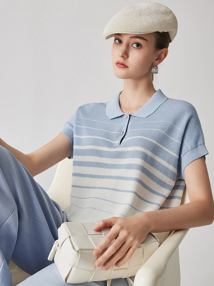 COMOBOCA Women's Striped Polo Knit T-Shirt