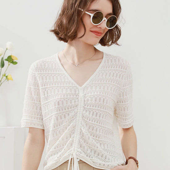 COMOBOCA Women's V-Neck Ruched Knit T-Shirt