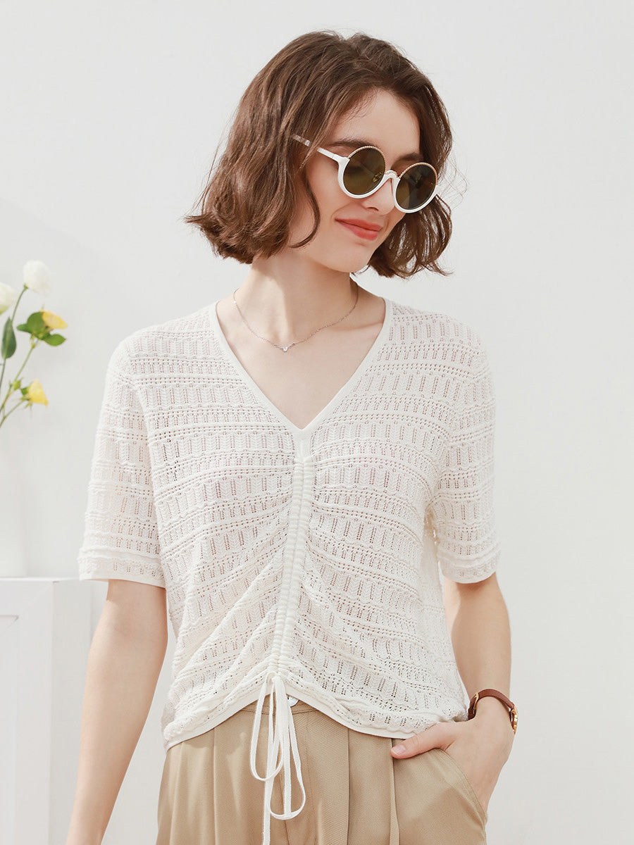 COMOBOCA Women's V-Neck Ruched Knit T-Shirt