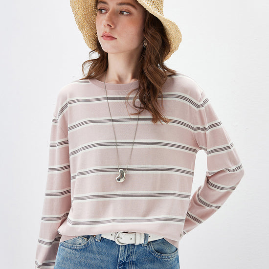 COMOBOCA Women's Striped Round Neck Knit Sweater