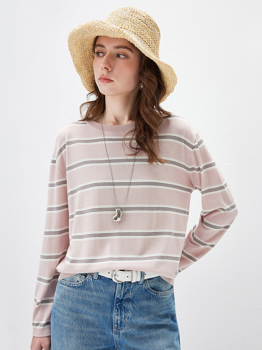 COMOBOCA Women's Striped Round Neck Knit Sweater