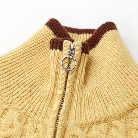 COMOBOCA 100% Wool Kid's Cable Knit Turtleneck Zip Up Cardigan
