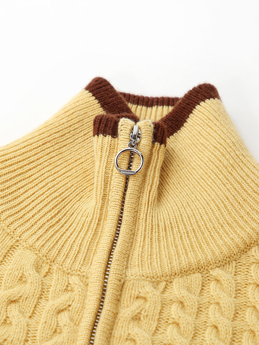 COMOBOCA 100% Wool Kid's Cable Knit Turtleneck Zip Up Cardigan