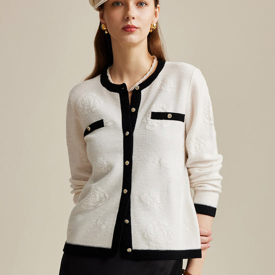 COMOBOCA 100% Wool Women's Contrast Trim Floral Embroidery Cardigan