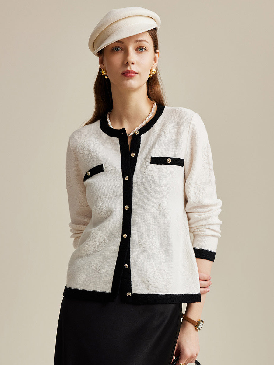 COMOBOCA 100% Wool Women's Contrast Trim Floral Embroidery Cardigan