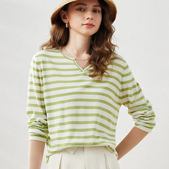 COMOBOCA Women's Striped Long Sleeve V-Neck T-Shirt