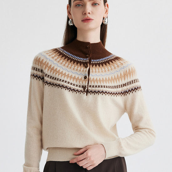 COMOBOCA 100% Cashmere Women's Fair Isle Mock Neck Button Front Sweater