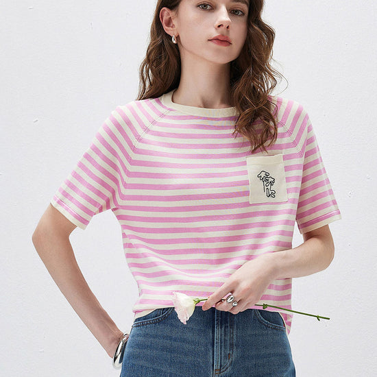 COMOBOCA Pink Women's Striped Embroidered Pocket Knit T-Shirt