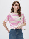 COMOBOCA Pink Women's Striped Embroidered Pocket Knit T-Shirt