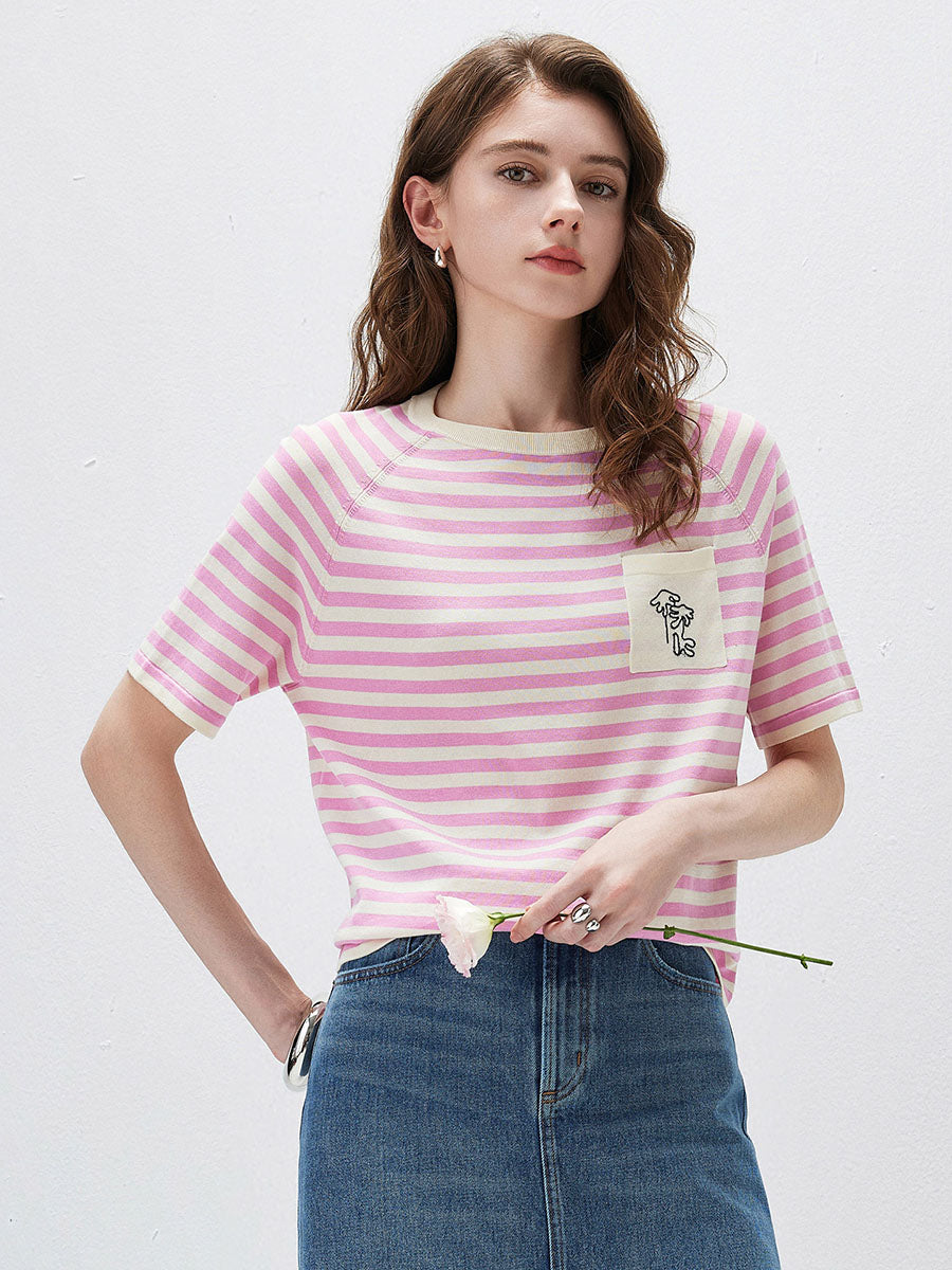 COMOBOCA Pink Women's Striped Embroidered Pocket Knit T-Shirt