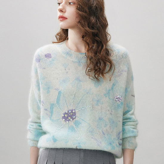 COMOBOCA Women's Floral Printed Round Neck Sweater