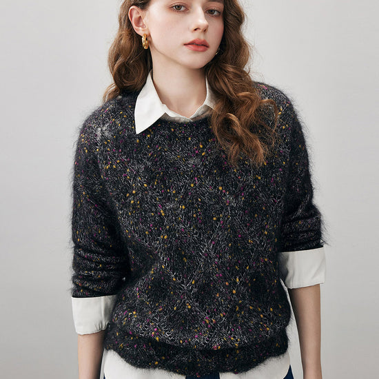COMOBOCA Women's Speckled Lace Knit Round Neck Sweater