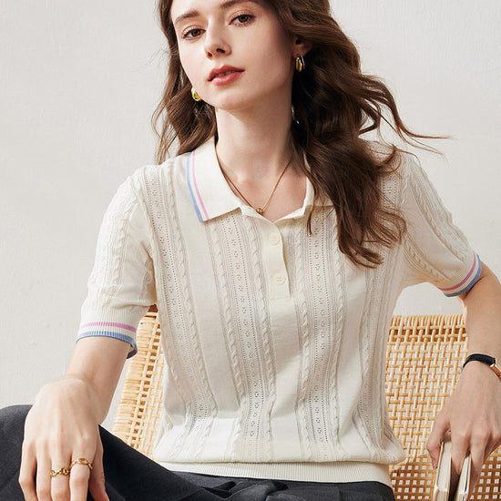 COMOBOCA Cloudy Women's Cable Color Trimmed Knit Polo T-Shirt