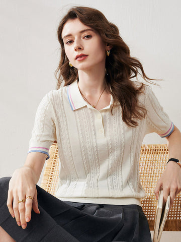 COMOBOCA Cloudy Women's Cable Color Trimmed Knit Polo T-Shirt