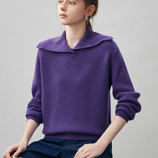 COMOBOCA 100% Cashmere Women's Ribbed Sailor Collar Knit Sweater