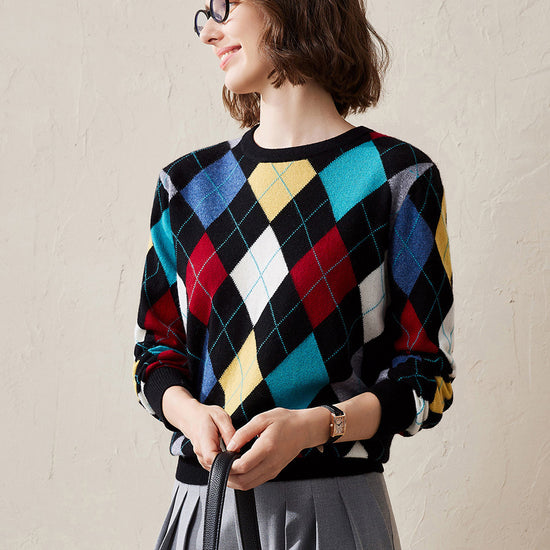 COMOBOCA Black 100% Cashmere Women's Argyle Pattern Colorful Knit Sweater
