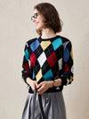 COMOBOCA Black 100% Cashmere Women's Argyle Pattern Colorful Knit Sweater