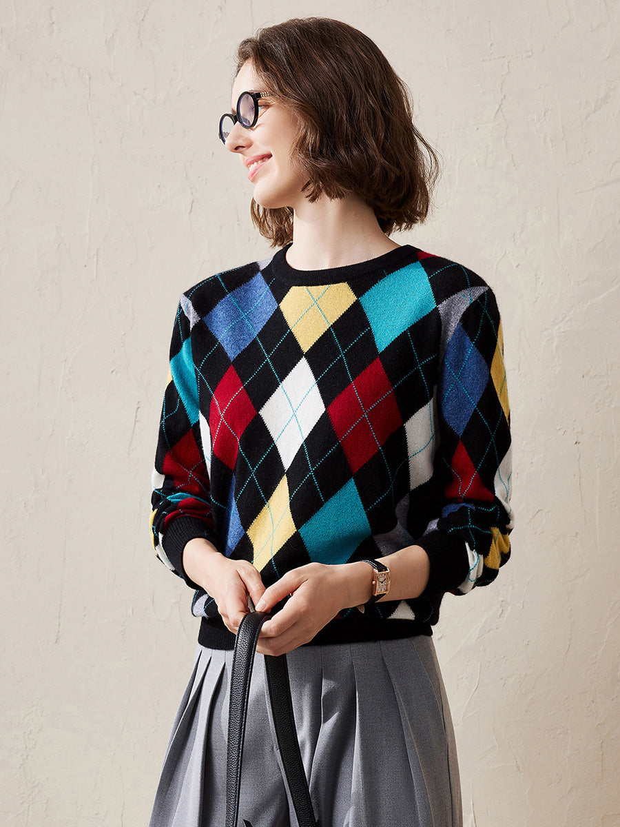 COMOBOCA Black 100% Cashmere Women's Argyle Pattern Colorful Knit Sweater