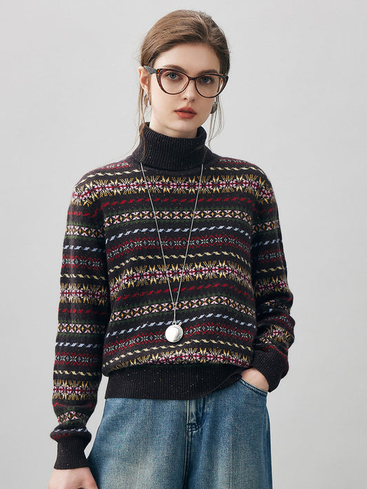 COMOBOCA Fair Isle 100% Cashmere Women's Fair Isle Turtleneck Sweater